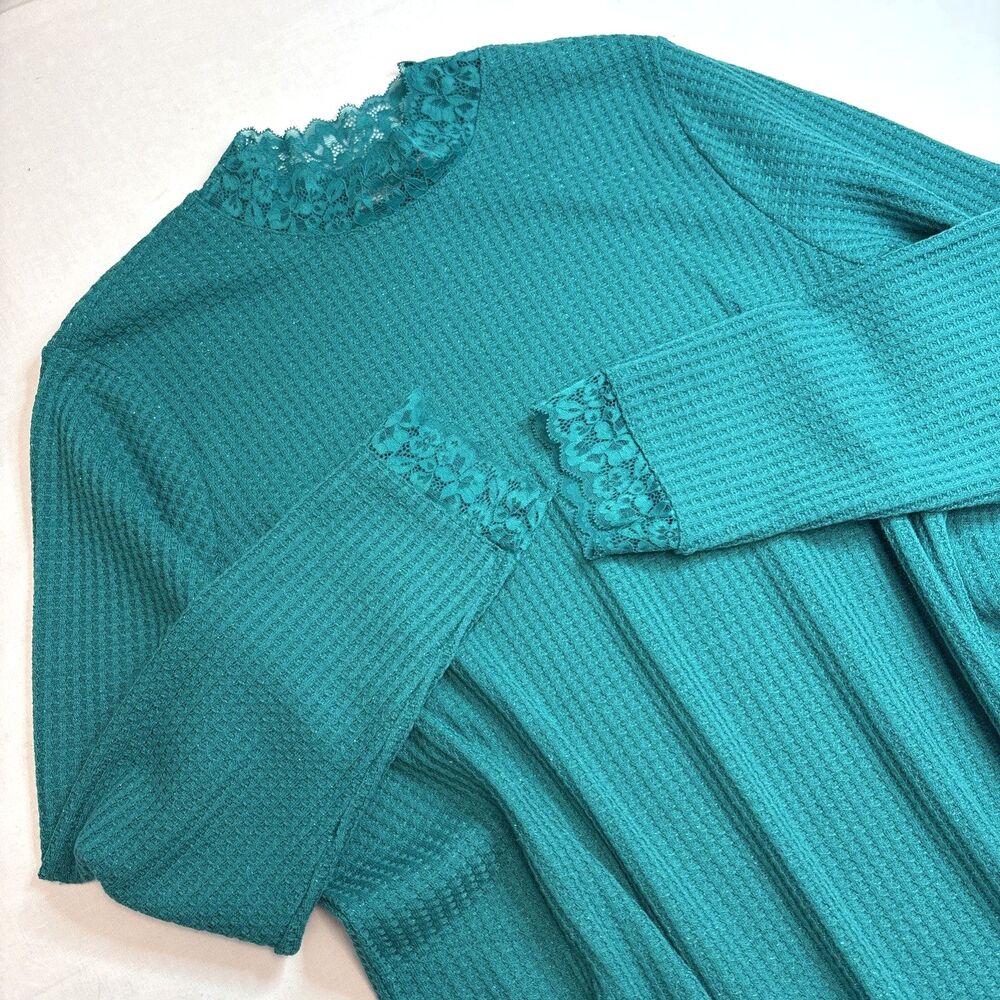 LOGO by Lori Goldstein Women's Waffle Knit Mock Neck Lace Top Blue Green Size XL